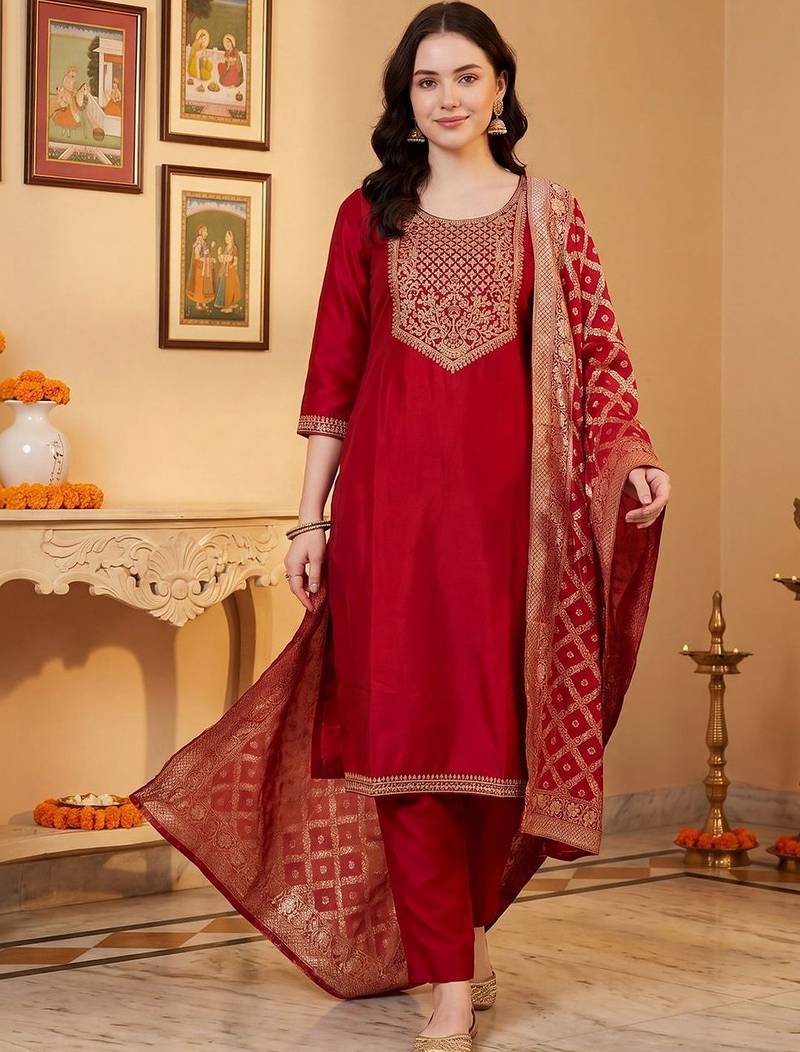 Women Ethnic Motifs Embroidered Regular Kurta with Trousers & With Dupatta