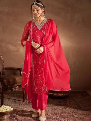 Women Ethnic Motifs Printed Thread Work Silk Chiffon Kurta with Trouser & Dupatta 1