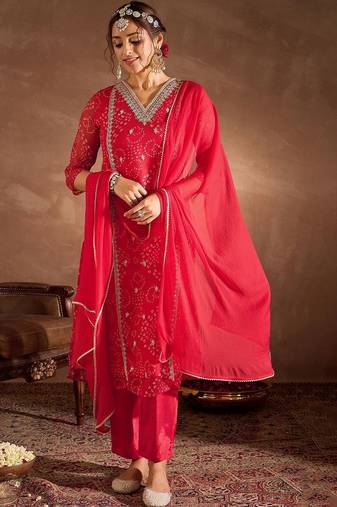 Women Ethnic Motifs Printed Thread Work Silk Chiffon Kurta with Trouser & Dupatta