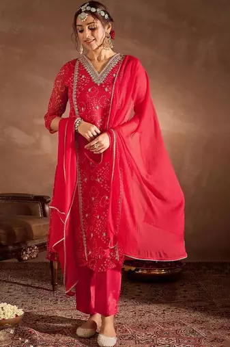 Women Ethnic Motifs Printed Thread Work Silk Chiffon Kurta with Trouser & Dupatta