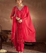 Women Ethnic Motifs Printed Thread Work Silk Chiffon Kurta with Trouser & Dupatta