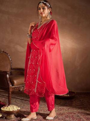 Women Ethnic Motifs Printed Thread Work Silk Chiffon Kurta with Trouser & Dupatta 5