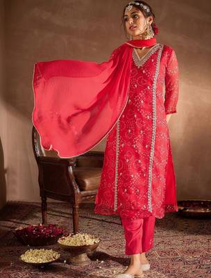 Women Ethnic Motifs Printed Thread Work Silk Chiffon Kurta with Trouser & Dupatta 6