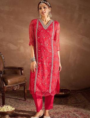 Women Ethnic Motifs Printed Thread Work Silk Chiffon Kurta with Trouser & Dupatta 7