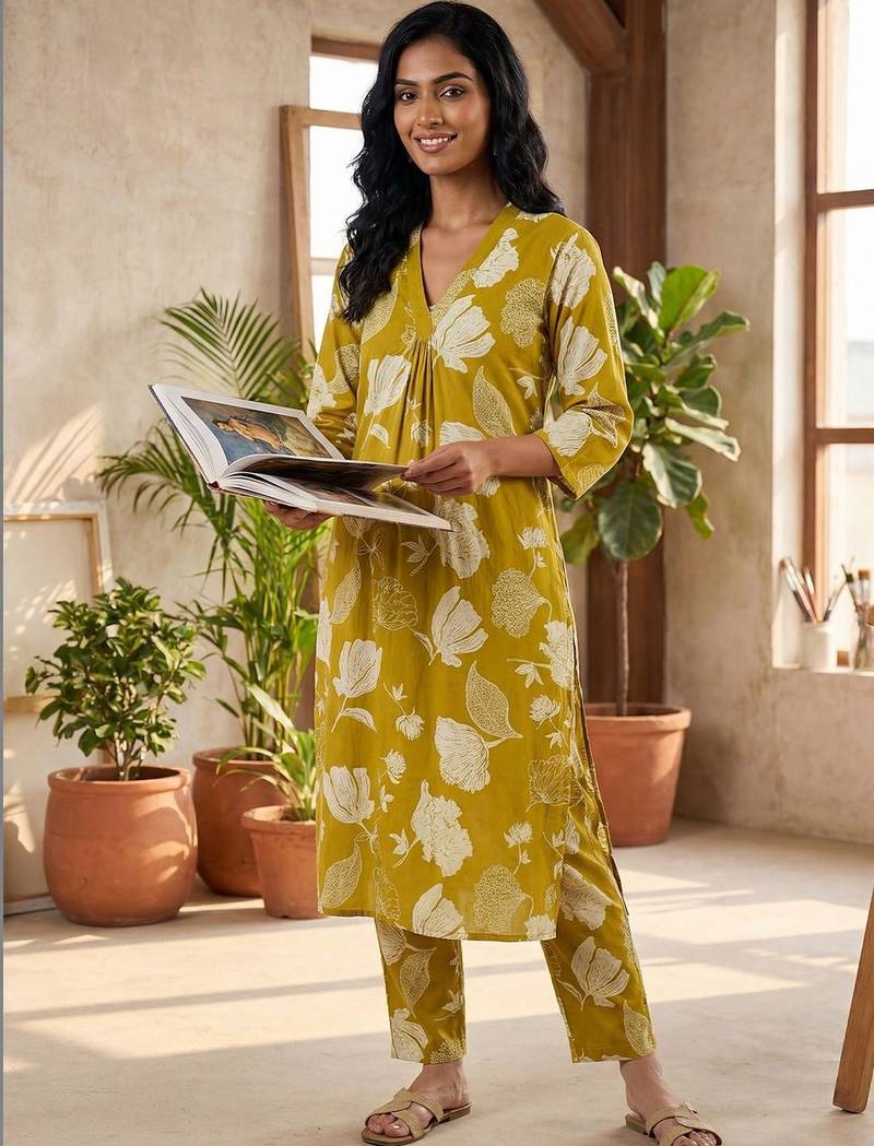 Women Floral Printed Regular Pure Cotton Kurta with Trousers