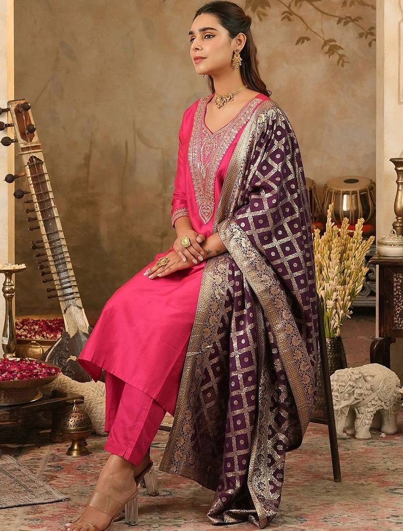 Women Embroidered Regular Kurta with Trousers & With Dupatta