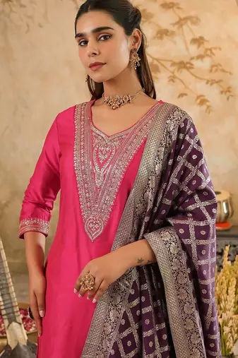 Women Embroidered Regular Kurta with Trousers & With Dupatta