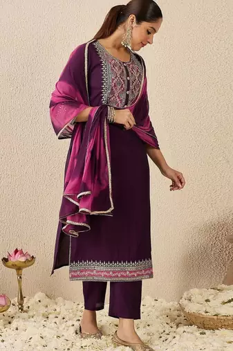 Women Ethnic Motifs Embroidered Regular Thread Work Kurta with Trousers & With Dupatta