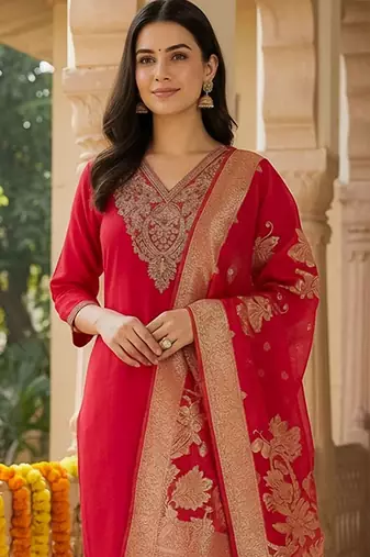 Women Ethnic Motifs Embroidered Regular Thread Work Kurta with Trousers & With Dupatta