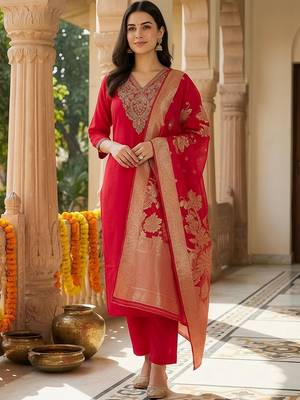 Women Ethnic Motifs Embroidered Regular Thread Work Kurta with Trousers & With Dupatta 6