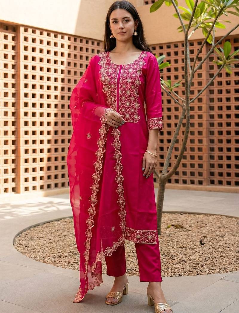 Women Ethnic Motifs Embroidered Regular Thread Work Kurta with Trousers & With Dupatta