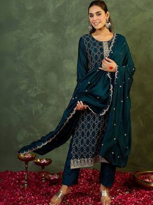 Women Ethnic Motifs Embroidered Regular Thread Work Kurta with Trousers & With Dupatta 1