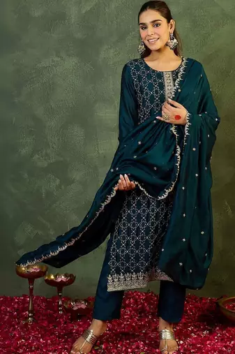 Women Ethnic Motifs Embroidered Regular Thread Work Kurta with Trousers & With Dupatta