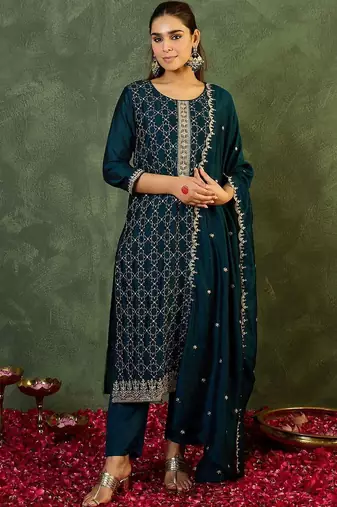 Women Ethnic Motifs Embroidered Regular Thread Work Kurta with Trousers & With Dupatta