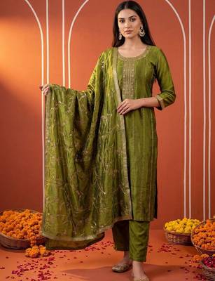Women Ethnic Motifs Embroidered Regular Thread Work Kurta with Trousers & With Dupatta 1