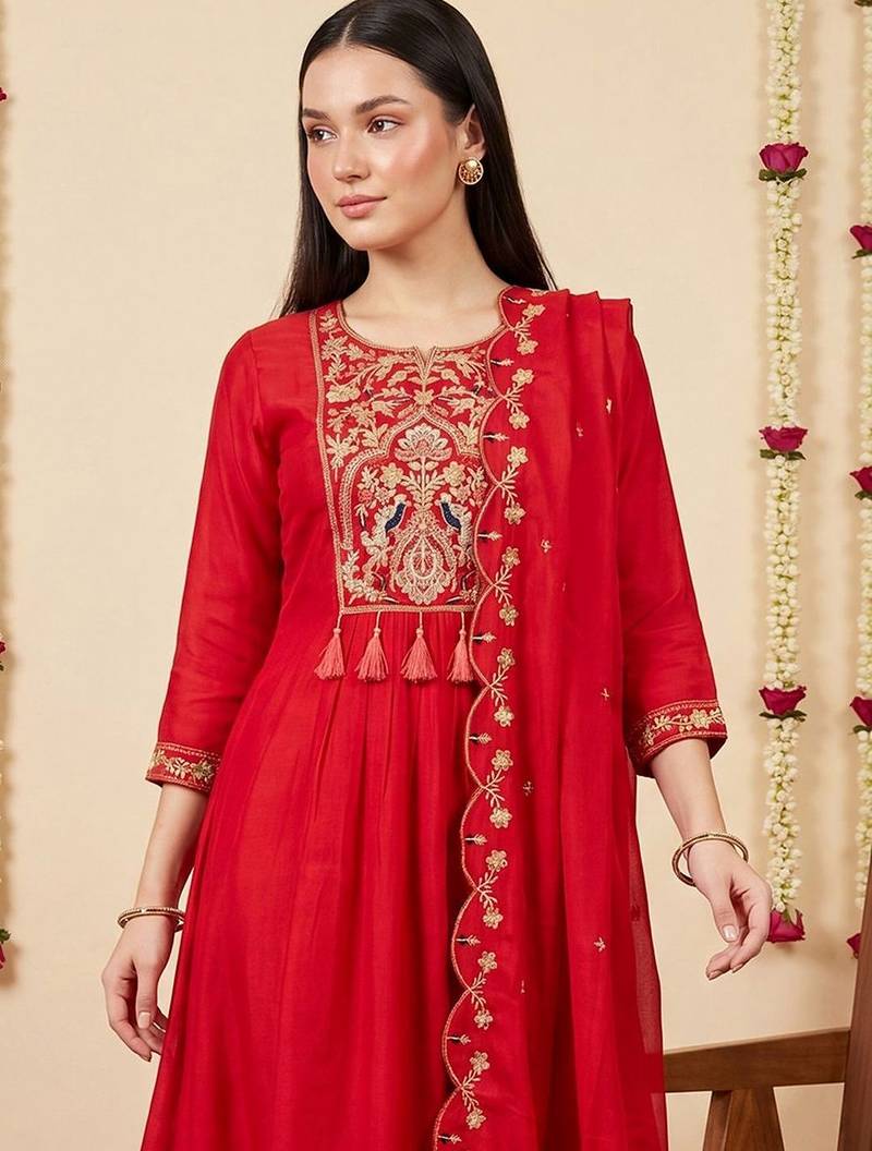 Women Ethnic Motifs Embroidered Regular Thread Work Kurta with Trousers & With Dupatta