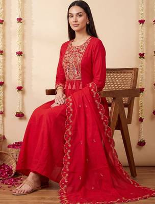 Women Ethnic Motifs Embroidered Regular Thread Work Kurta with Trousers & With Dupatta 1