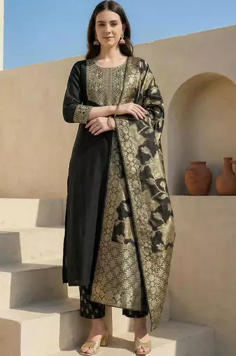 Women Ethnic Motifs Embroidered Regular Kurta with Trousers & With Dupatta