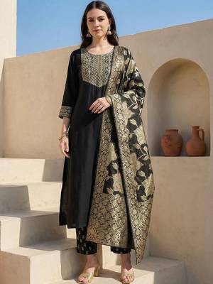 Women Ethnic Motifs Embroidered Regular Kurta with Trousers & With Dupatta 5