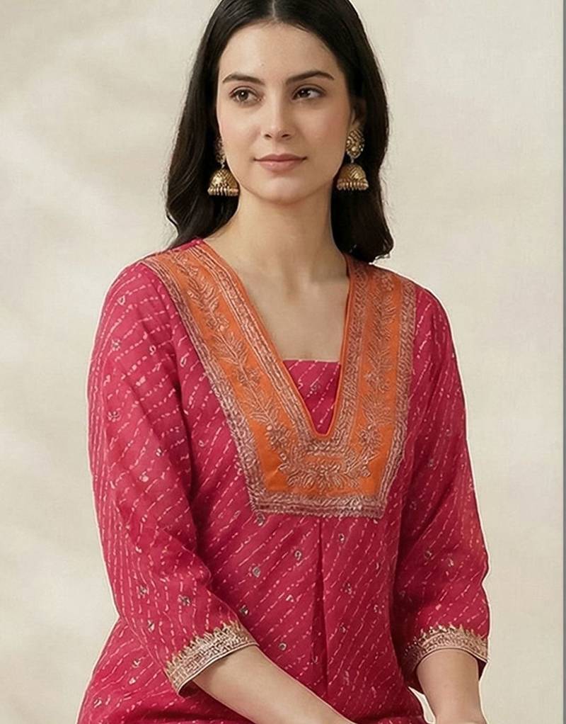 Women Leheriya Printed Regular Thread Work Kurta with Trousers