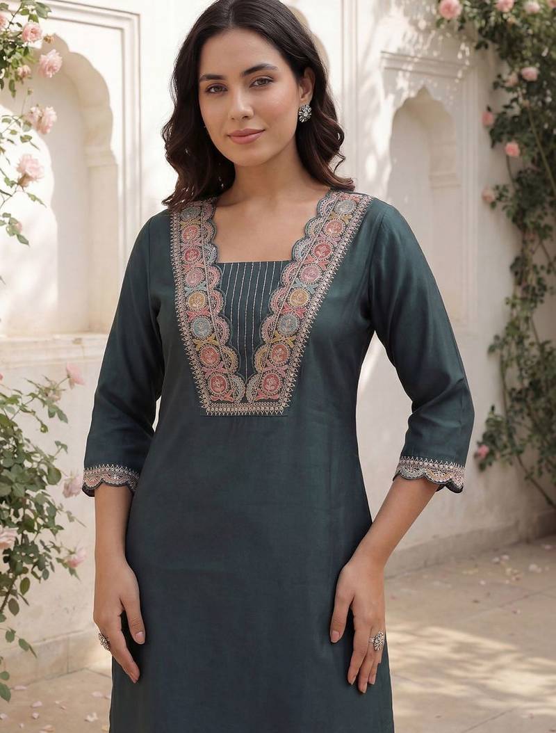 Women Ethnic Motifs Embroidered Regular Thread Work Kurta with Trousers