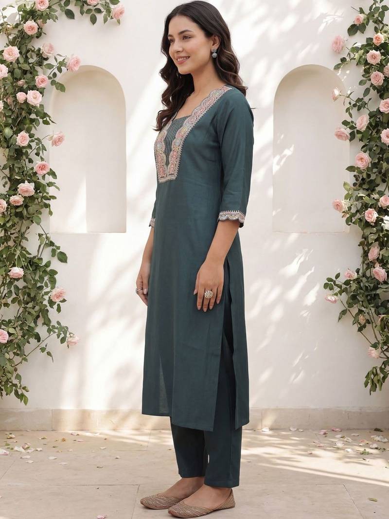 Women Ethnic Motifs Embroidered Regular Thread Work Kurta with Trousers
