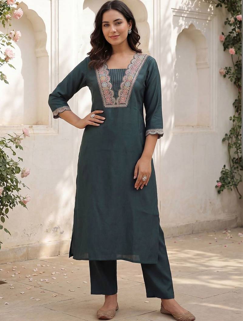 Women Ethnic Motifs Embroidered Regular Thread Work Kurta with Trousers