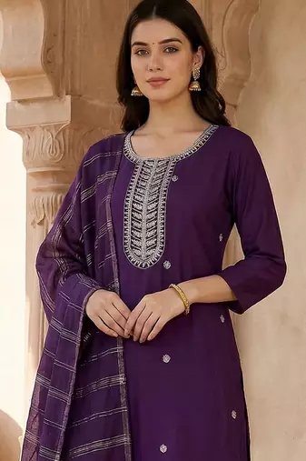 Women Ethnic Motifs Embroidered Regular Kurta with Trousers & With Dupatta