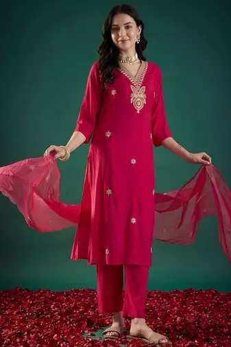 Women Ethnic Motifs Embroidered Regular Thread Work Kurta with Trousers & With Dupatta