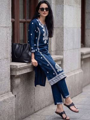 Women Ethnic Motifs Embroidered Regular Thread Work Kurta with Trousers 5