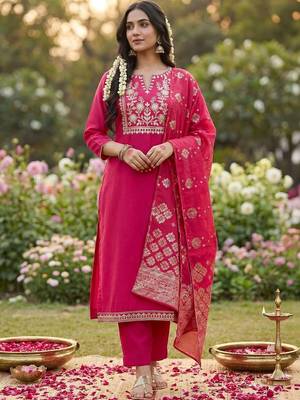 Women Ethnic Motifs Embroidered Regular Thread Work Kurta with Trousers & With Dupatta 1