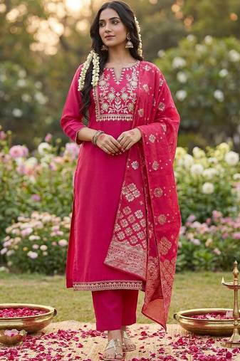 Women Ethnic Motifs Embroidered Regular Thread Work Kurta with Trousers & With Dupatta