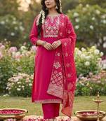 Women Ethnic Motifs Embroidered Regular Thread Work Kurta with Trousers & With Dupatta