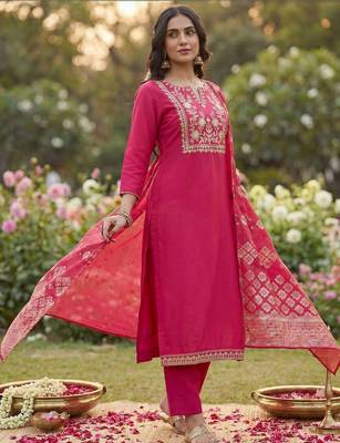Women Ethnic Motifs Embroidered Regular Thread Work Kurta with Trousers & With Dupatta 2