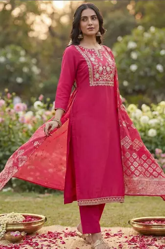 Women Ethnic Motifs Embroidered Regular Thread Work Kurta with Trousers & With Dupatta