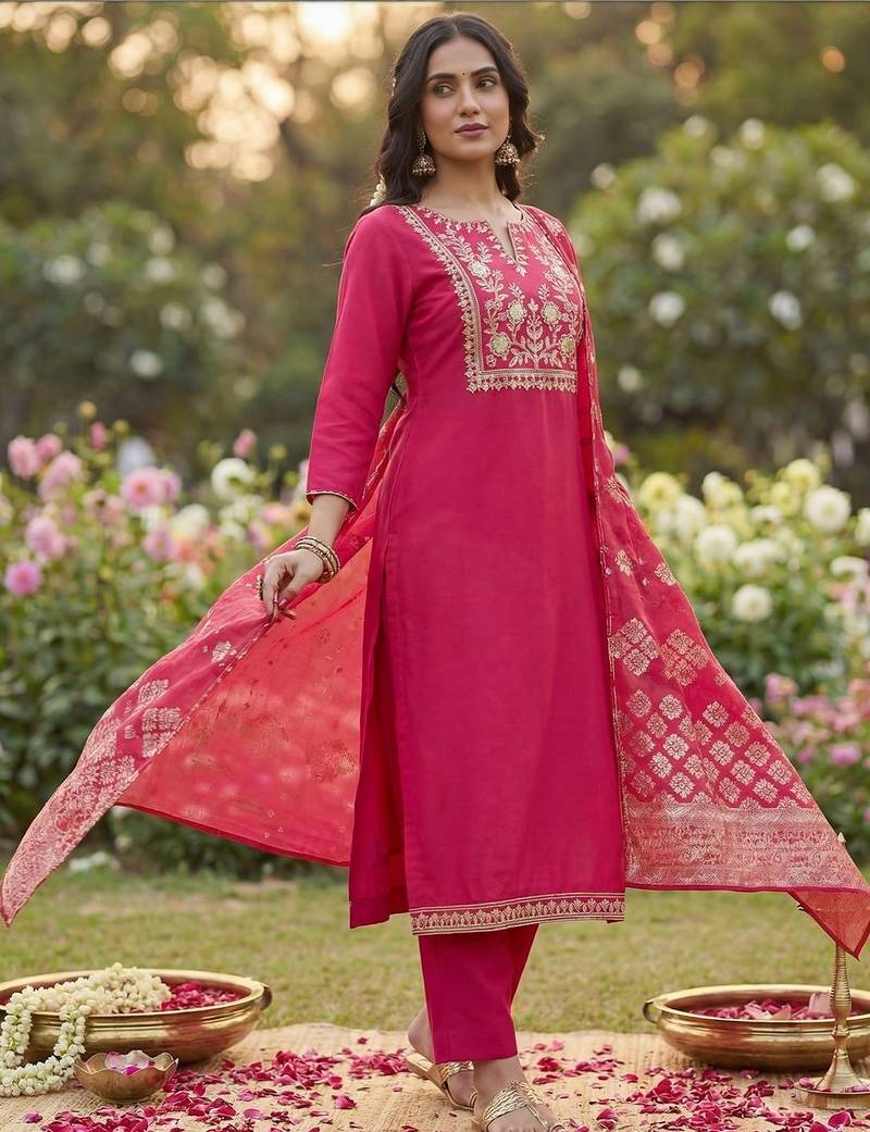 Women Ethnic Motifs Embroidered Regular Thread Work Kurta with Trousers & With Dupatta