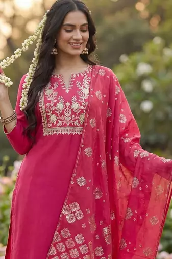 Women Ethnic Motifs Embroidered Regular Thread Work Kurta with Trousers & With Dupatta