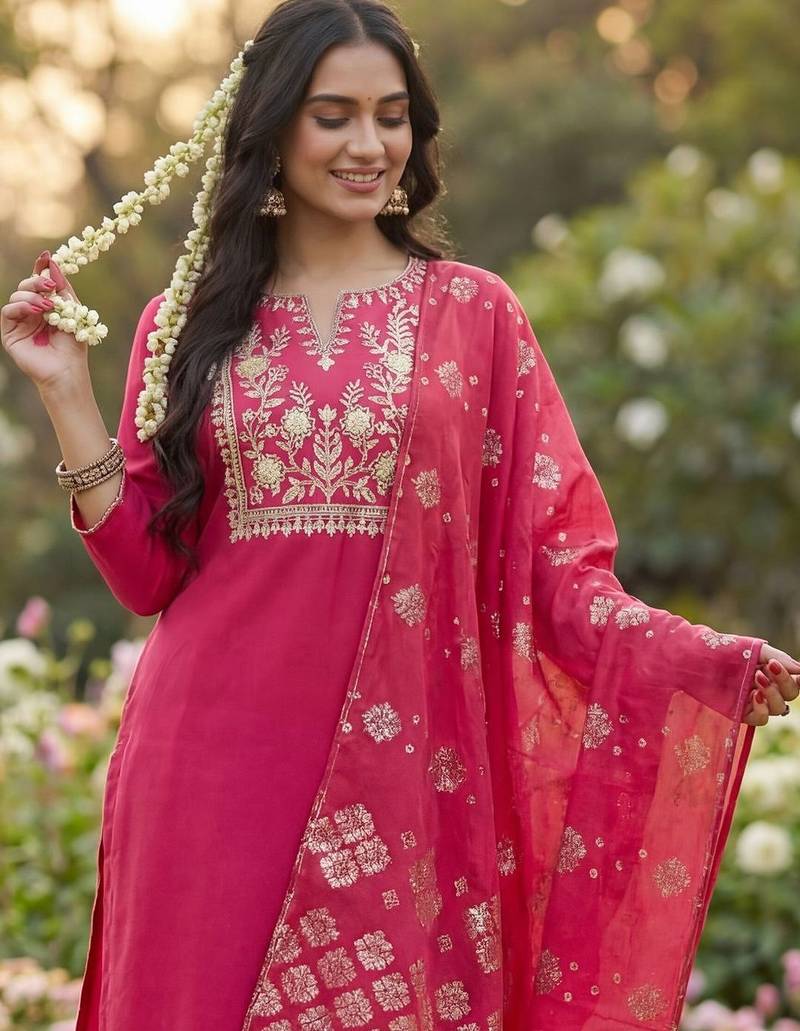 Women Ethnic Motifs Embroidered Regular Thread Work Kurta with Trousers & With Dupatta