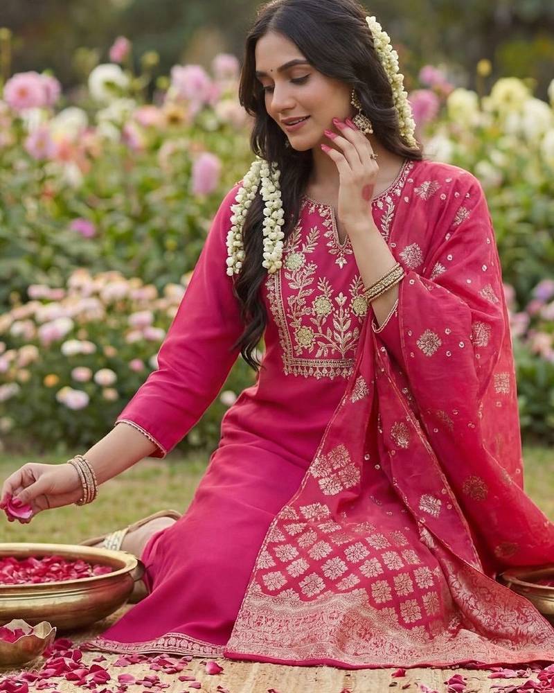 Women Ethnic Motifs Embroidered Regular Thread Work Kurta with Trousers & With Dupatta