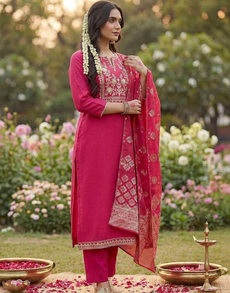 Women Ethnic Motifs Embroidered Regular Thread Work Kurta with Trousers & With Dupatta
