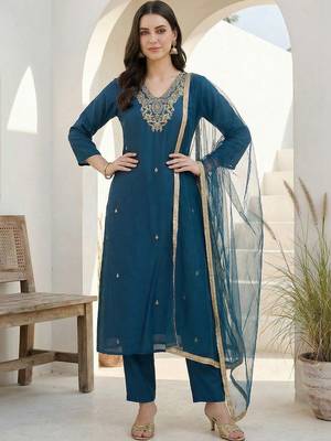 Women Ethnic Motifs Embroidered Regular Kurta with Trousers & With Dupatta 1