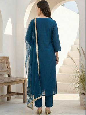 Women Ethnic Motifs Embroidered Regular Kurta with Trousers & With Dupatta 4