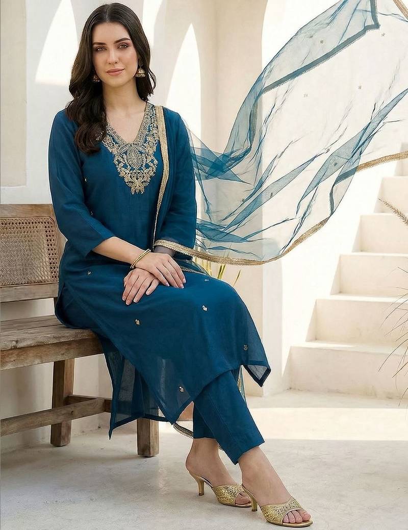 Women Ethnic Motifs Embroidered Regular Kurta with Trousers & With Dupatta