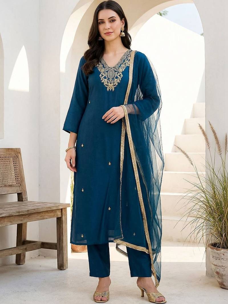Women Ethnic Motifs Embroidered Regular Kurta with Trousers & With Dupatta