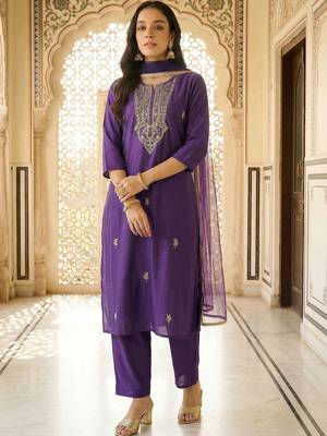 Women Ethnic Motifs Embroidered Regular Thread Work Kurta with Trousers & With Dupatta 1
