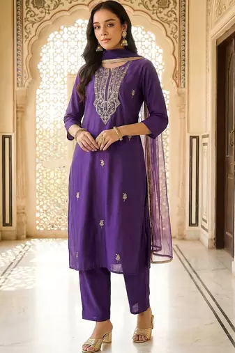 Women Ethnic Motifs Embroidered Regular Thread Work Kurta with Trousers & With Dupatta