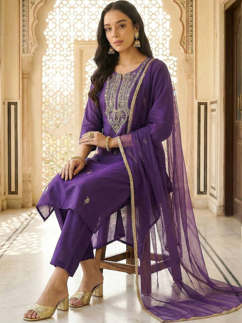 Women Ethnic Motifs Embroidered Regular Thread Work Kurta with Trousers & With Dupatta