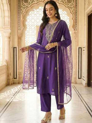 Women Ethnic Motifs Embroidered Regular Thread Work Kurta with Trousers & With Dupatta 5