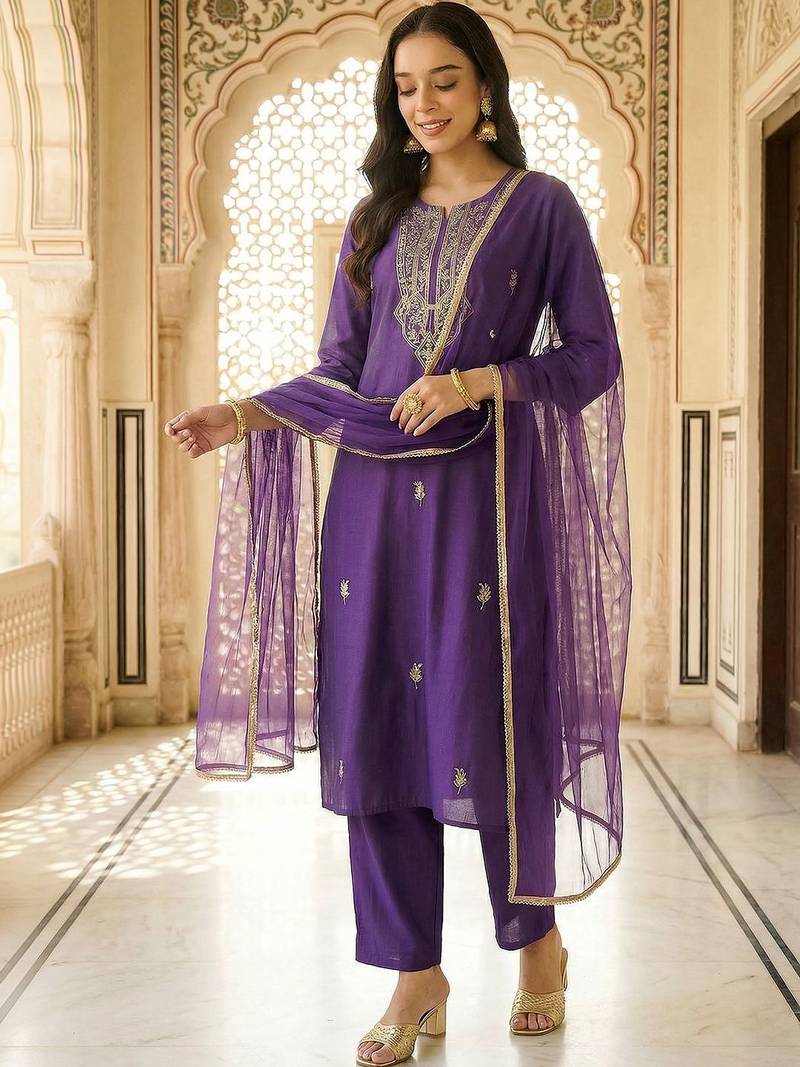 Women Ethnic Motifs Embroidered Regular Thread Work Kurta with Trousers & With Dupatta