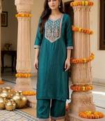 Women Ethnic Motifs Embroidered Regular Thread Work Liva Kurta with Palazzos